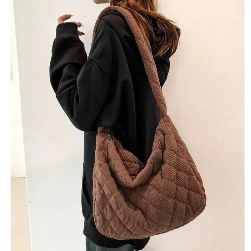 Luxe Quilted Corduroy Puffer Messenger Shoulder Crossbody Travel Bag